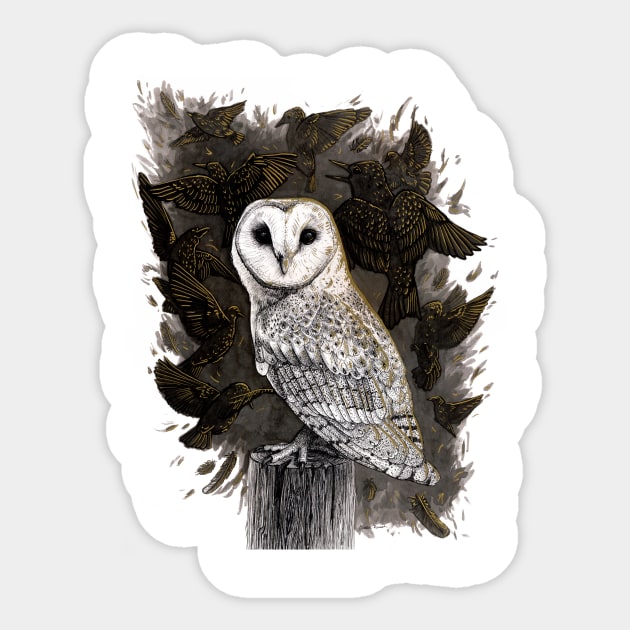 Barn Owl with Golden Starlings Sticker by Warbler Creative